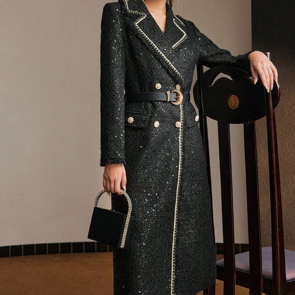 Black Elegant Women's Tweed Sequin Double Breasted Lapel Collar Overcoat Jacket - Picture 4 of 14